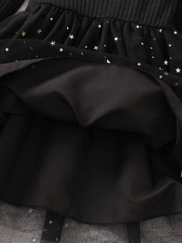 Girls Elegant Princess Style Round Neck Long Sleeve Dress With Sequins, Star Pattern & Mesh Insert