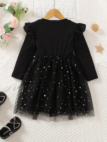 Girls Elegant Princess Style Round Neck Long Sleeve Dress With Sequins, Star Pattern & Mesh Insert