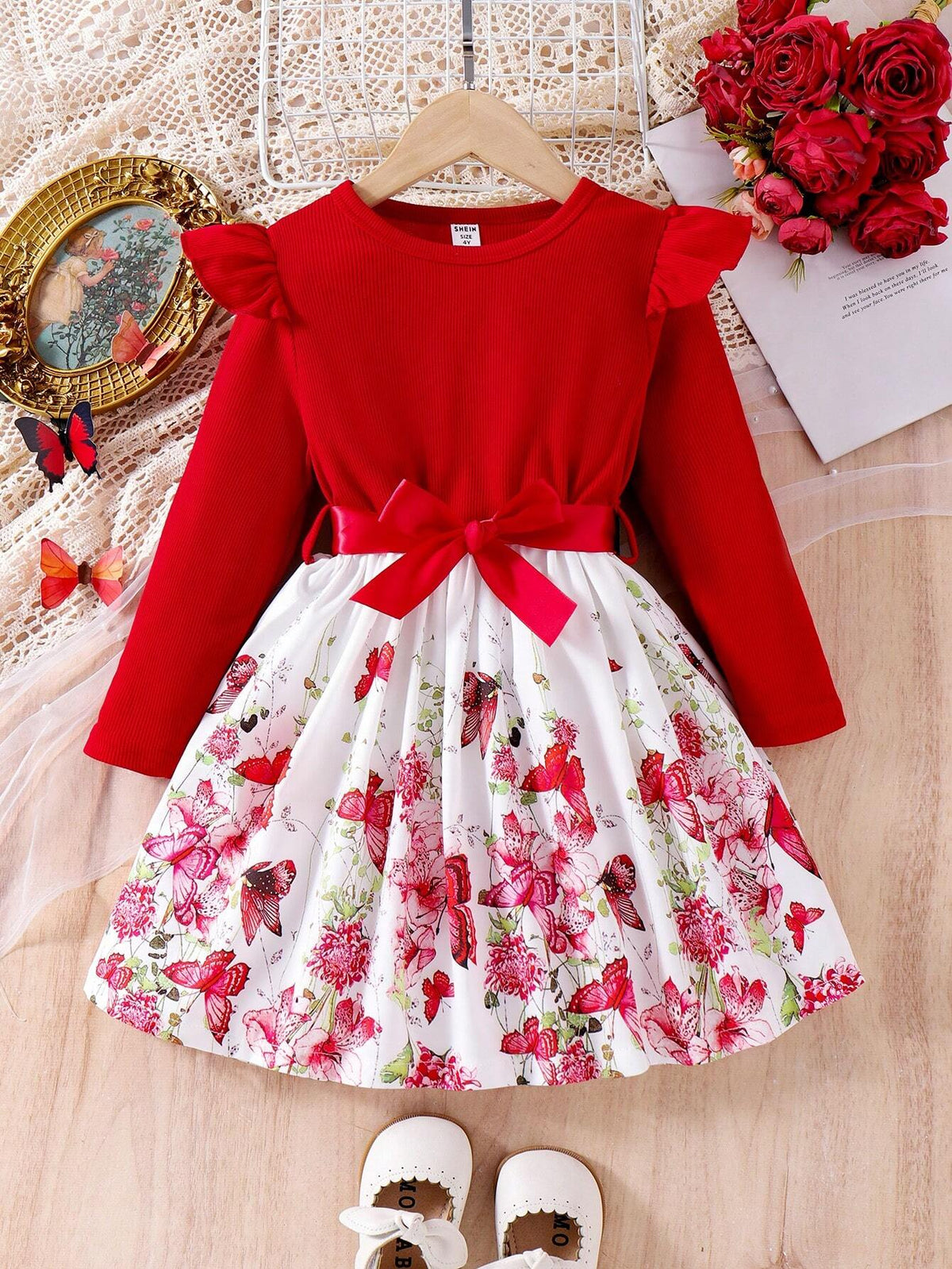 Girls Elegant Ribbed Floral Print Long Sleeve Belted Bow Decor Dress