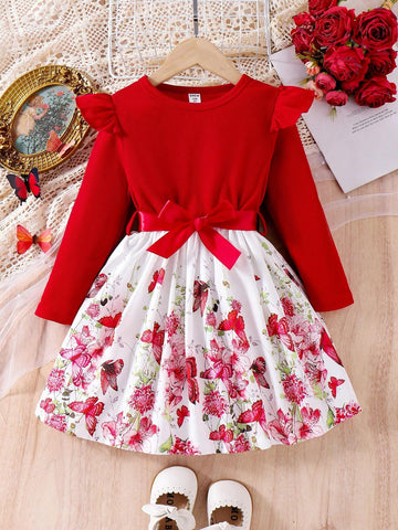 Girls Elegant Ribbed Floral Print Long Sleeve Belted Bow Decor Dress