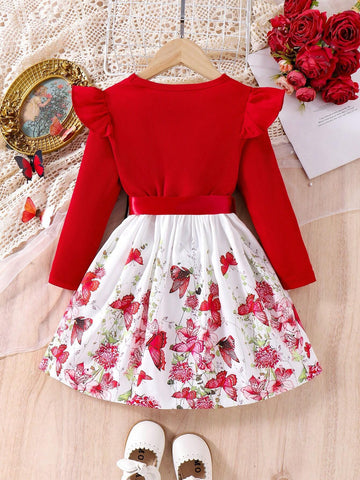 Girls Elegant Ribbed Floral Print Long Sleeve Belted Bow Decor Dress