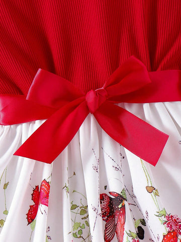 Girls Elegant Ribbed Floral Print Long Sleeve Belted Bow Decor Dress