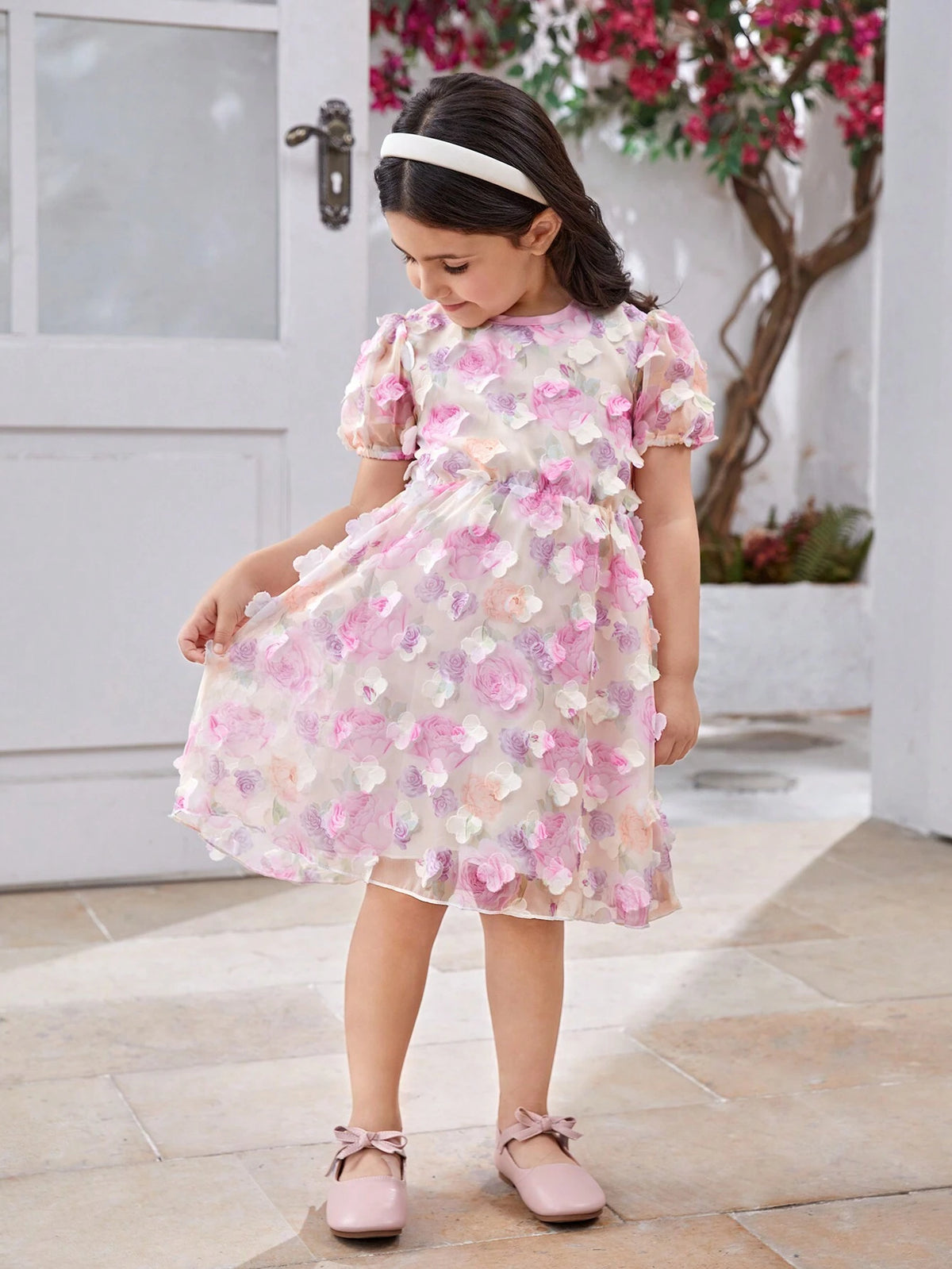 Girls' Elegant Round-Neck Short Sleeve Dress With Fitted Waist And 3D Flower Print Mesh Overlay