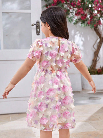 Girls' Elegant Round-Neck Short Sleeve Dress With Fitted Waist And 3D Flower Print Mesh Overlay