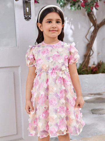 Girls' Elegant Round-Neck Short Sleeve Dress With Fitted Waist And 3D Flower Print Mesh Overlay