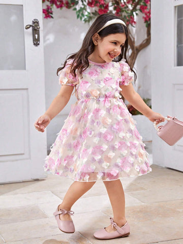 Girls' Elegant Round-Neck Short Sleeve Dress With Fitted Waist And 3D Flower Print Mesh Overlay