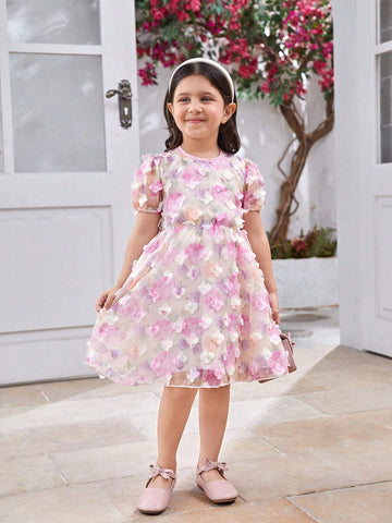 Girls' Elegant Round-Neck Short Sleeve Dress With Fitted Waist And 3D Flower Print Mesh Overlay