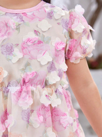 Girls' Elegant Round-Neck Short Sleeve Dress With Fitted Waist And 3D Flower Print Mesh Overlay
