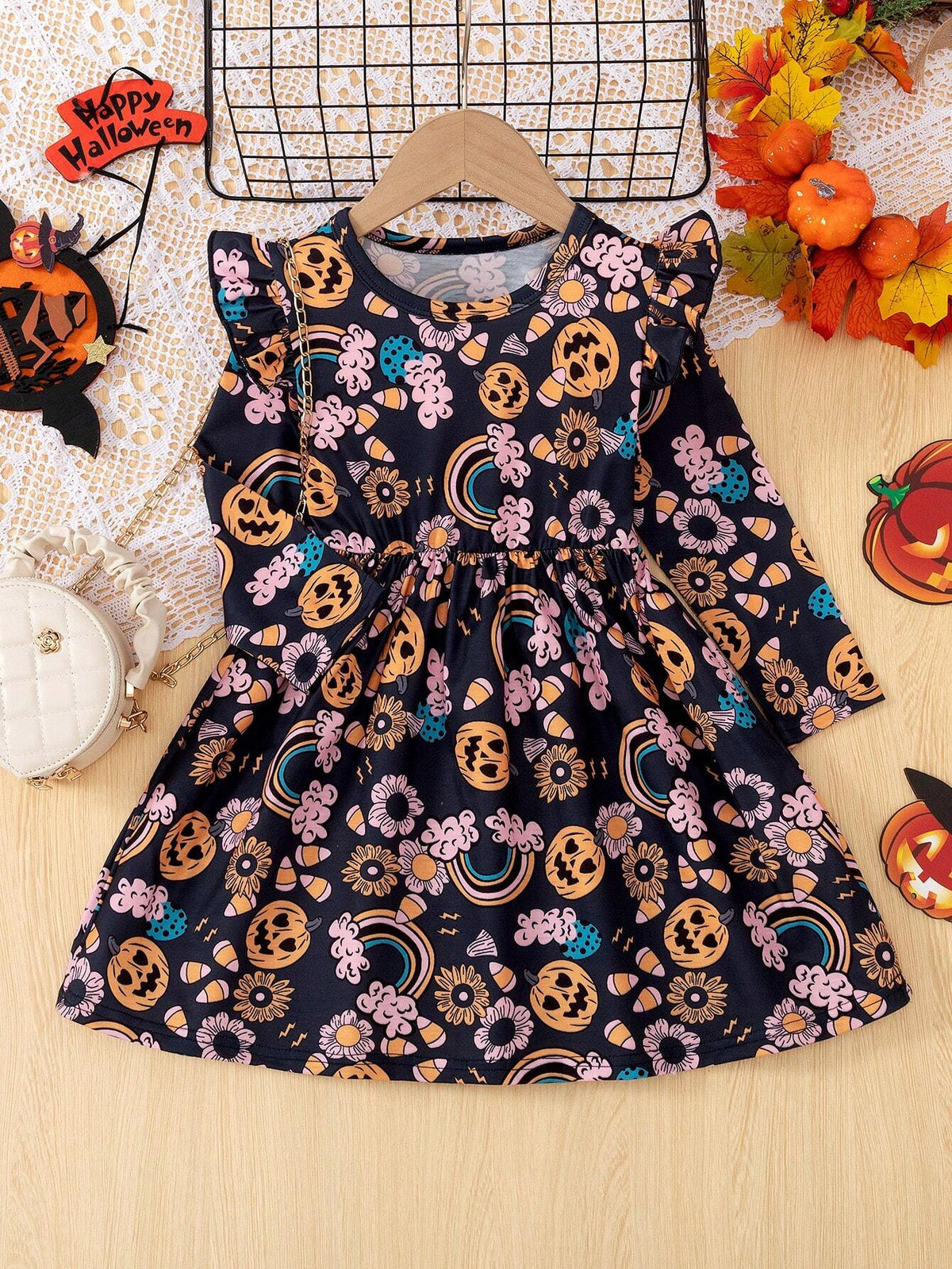 Girls Elegant Round Neck Long Sleeve Cap Sleeve Pumpkin Rainbow Floral Print Waist Attached Dress For Holiday Party Fall & Halloween