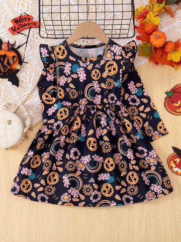 Girls Elegant Round Neck Long Sleeve Cap Sleeve Pumpkin Rainbow Floral Print Waist Attached Dress For Holiday Party Fall & Halloween