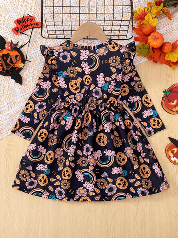 Girls Elegant Round Neck Long Sleeve Cap Sleeve Pumpkin Rainbow Floral Print Waist Attached Dress For Holiday Party Fall & Halloween