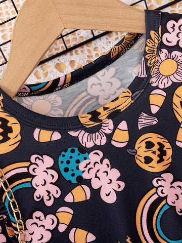 Girls Elegant Round Neck Long Sleeve Cap Sleeve Pumpkin Rainbow Floral Print Waist Attached Dress For Holiday Party Fall & Halloween
