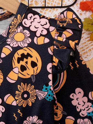 Girls Elegant Round Neck Long Sleeve Cap Sleeve Pumpkin Rainbow Floral Print Waist Attached Dress For Holiday Party Fall & Halloween