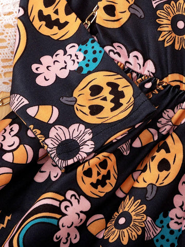 Girls Elegant Round Neck Long Sleeve Cap Sleeve Pumpkin Rainbow Floral Print Waist Attached Dress For Holiday Party Fall & Halloween