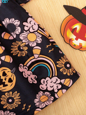 Girls Elegant Round Neck Long Sleeve Cap Sleeve Pumpkin Rainbow Floral Print Waist Attached Dress For Holiday Party Fall & Halloween