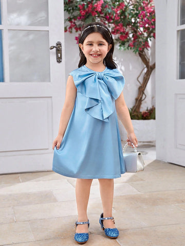 Girls' Elegant Round Neck Sleeveless A-Line Satin Dress With 3D Bowknot Decoration