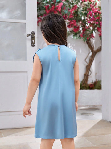 Girls' Elegant Round Neck Sleeveless A-Line Satin Dress With 3D Bowknot Decoration