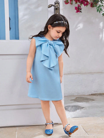Girls' Elegant Round Neck Sleeveless A-Line Satin Dress With 3D Bowknot Decoration