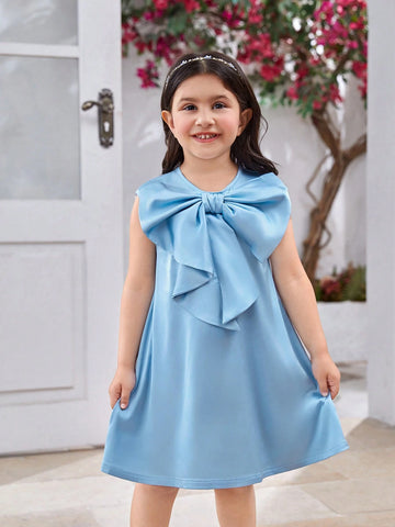 Girls' Elegant Round Neck Sleeveless A-Line Satin Dress With 3D Bowknot Decoration