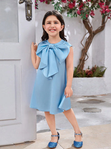 Girls' Elegant Round Neck Sleeveless A-Line Satin Dress With 3D Bowknot Decoration
