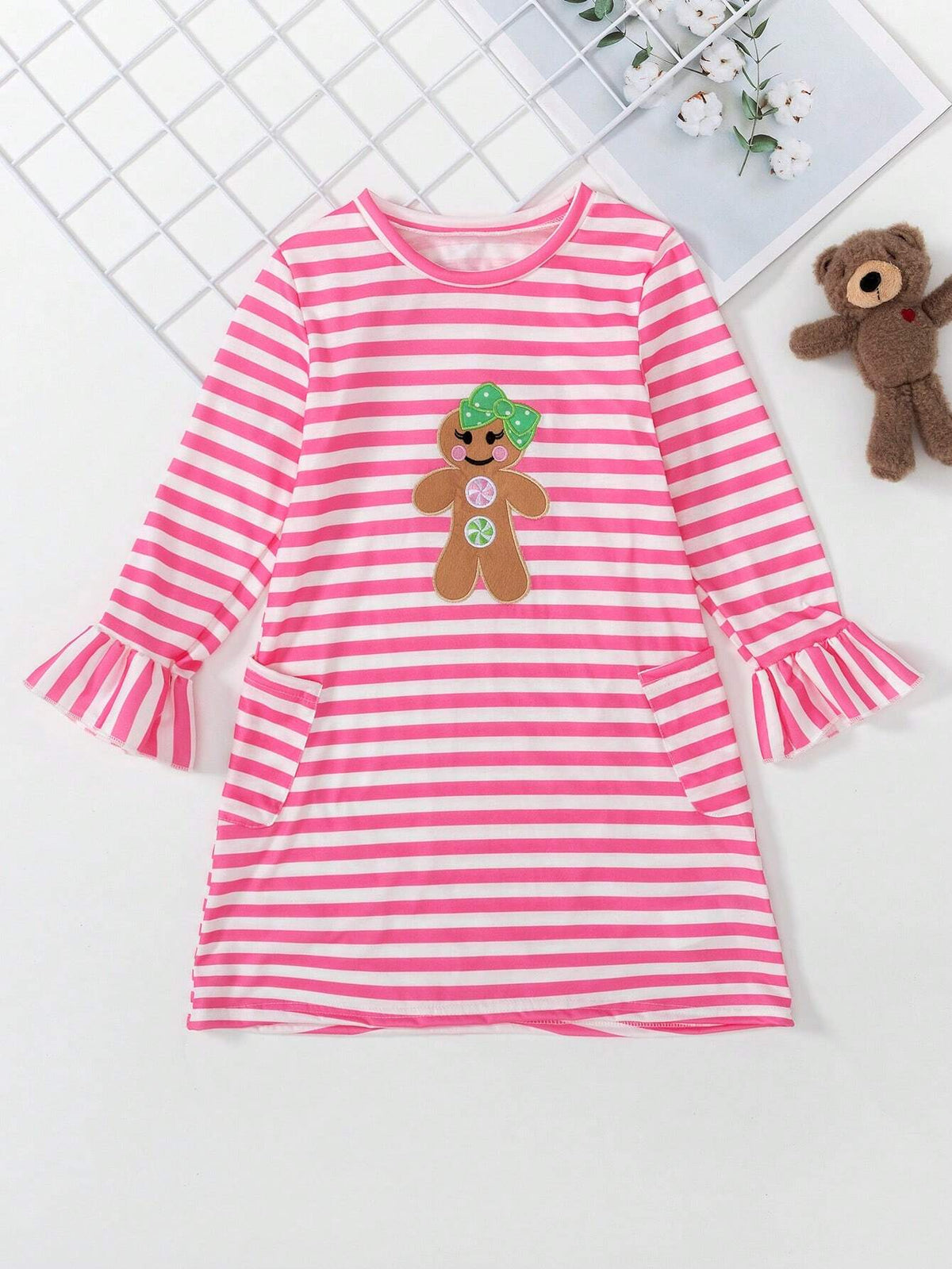 Girls Elegant Ruffle Trim 3/4 Sleeve Stripe Print Pocket Embroidered Cartoon Pattern Casual Dress, Suitable For Vacation & Travel, Spring/Summer