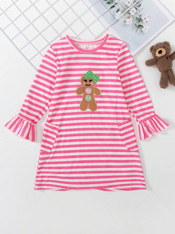 Girls Elegant Ruffle Trim 3/4 Sleeve Stripe Print Pocket Embroidered Cartoon Pattern Casual Dress, Suitable For Vacation & Travel, Spring/Summer