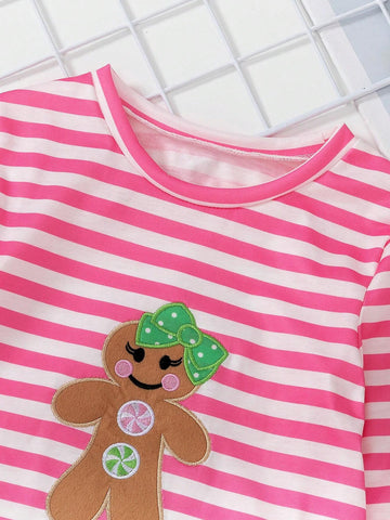 Girls Elegant Ruffle Trim 3/4 Sleeve Stripe Print Pocket Embroidered Cartoon Pattern Casual Dress, Suitable For Vacation & Travel, Spring/Summer