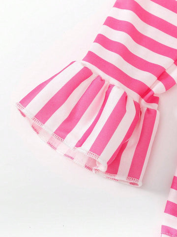 Girls Elegant Ruffle Trim 3/4 Sleeve Stripe Print Pocket Embroidered Cartoon Pattern Casual Dress, Suitable For Vacation & Travel, Spring/Summer