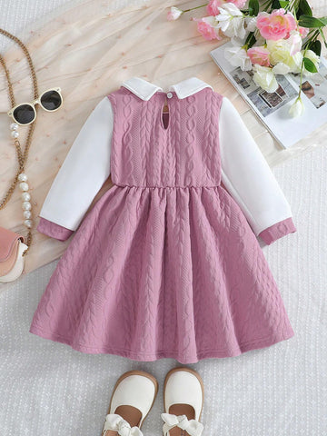 Girls Elegant Ruffled Collar Waist Flared Dress, Princess Style