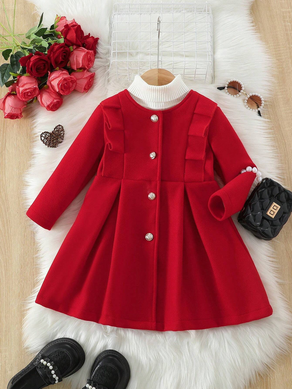 Girls' Elegant Ruffled Long Sleeve Wool-Blend Mid-Length Coat, Sweet Party Style For Autumn/Winter