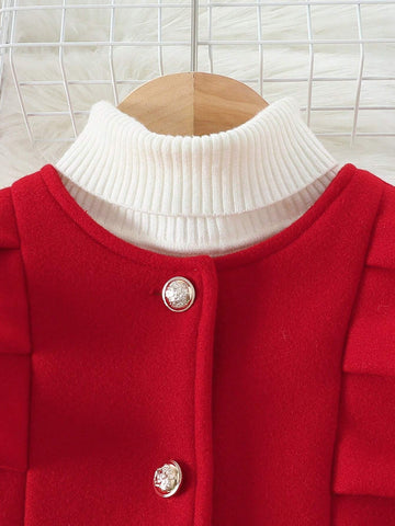 Girls' Elegant Ruffled Long Sleeve Wool-Blend Mid-Length Coat, Sweet Party Style For Autumn/Winter