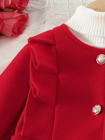 Girls' Elegant Ruffled Long Sleeve Wool-Blend Mid-Length Coat, Sweet Party Style For Autumn/Winter