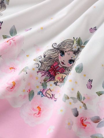 Girls' Elegant Short Sleeve Dress With Round Neckline, Waistline And 3D Bow Decoration