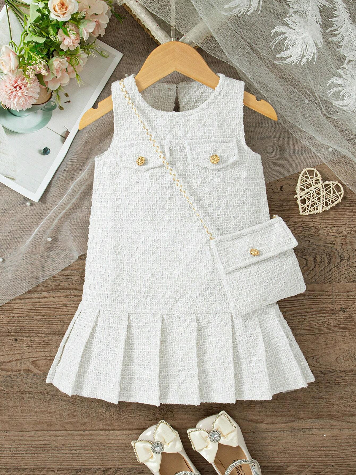 Girls Elegant Solid Rose Button Pleated Sleeveless Midi Dress + Purse Set