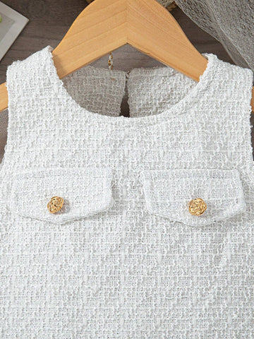 Girls Elegant Solid Rose Button Pleated Sleeveless Midi Dress + Purse Set