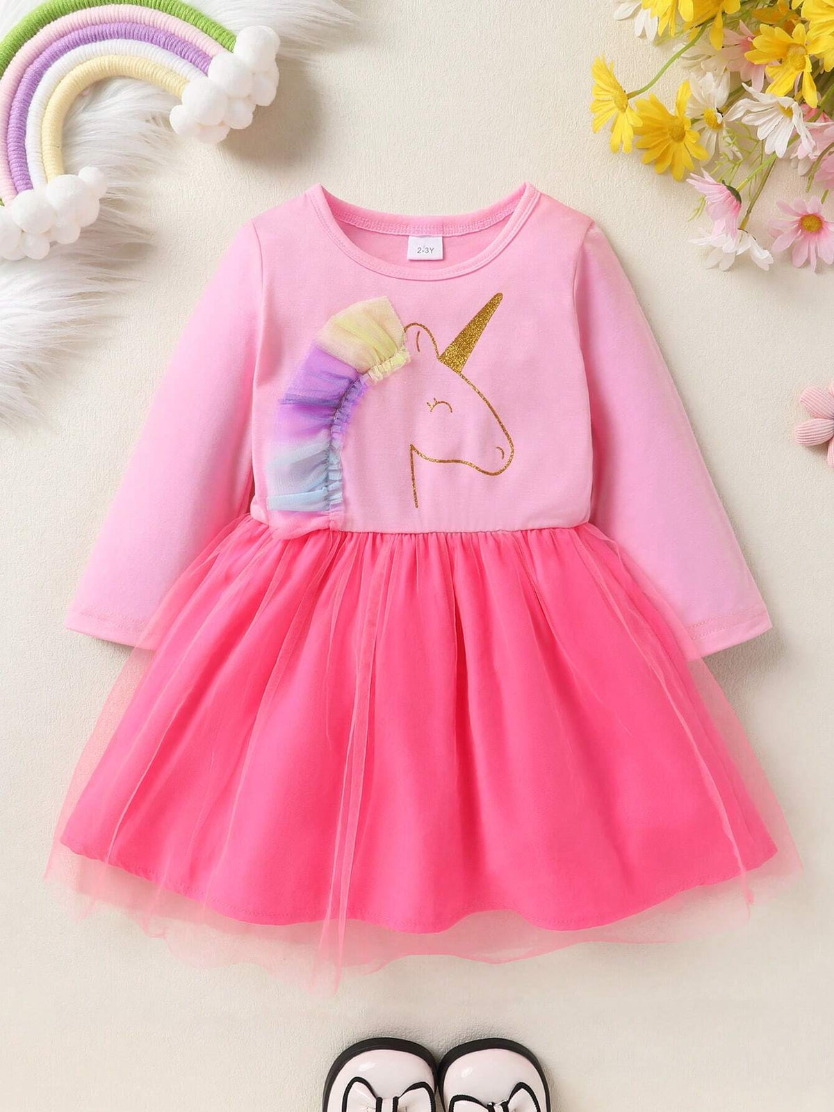 Girls' Elegant Sweet Cute Unicorn Ombre Printed Mesh Hem Casual Daily Party Dress