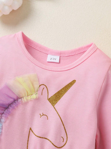 Girls' Elegant Sweet Cute Unicorn Ombre Printed Mesh Hem Casual Daily Party Dress