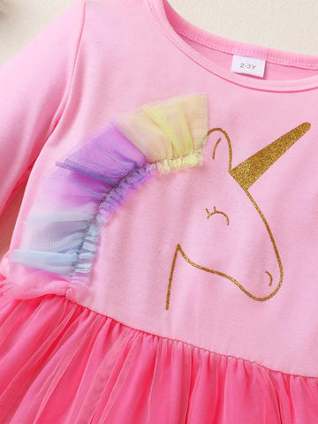 Girls' Elegant Sweet Cute Unicorn Ombre Printed Mesh Hem Casual Daily Party Dress