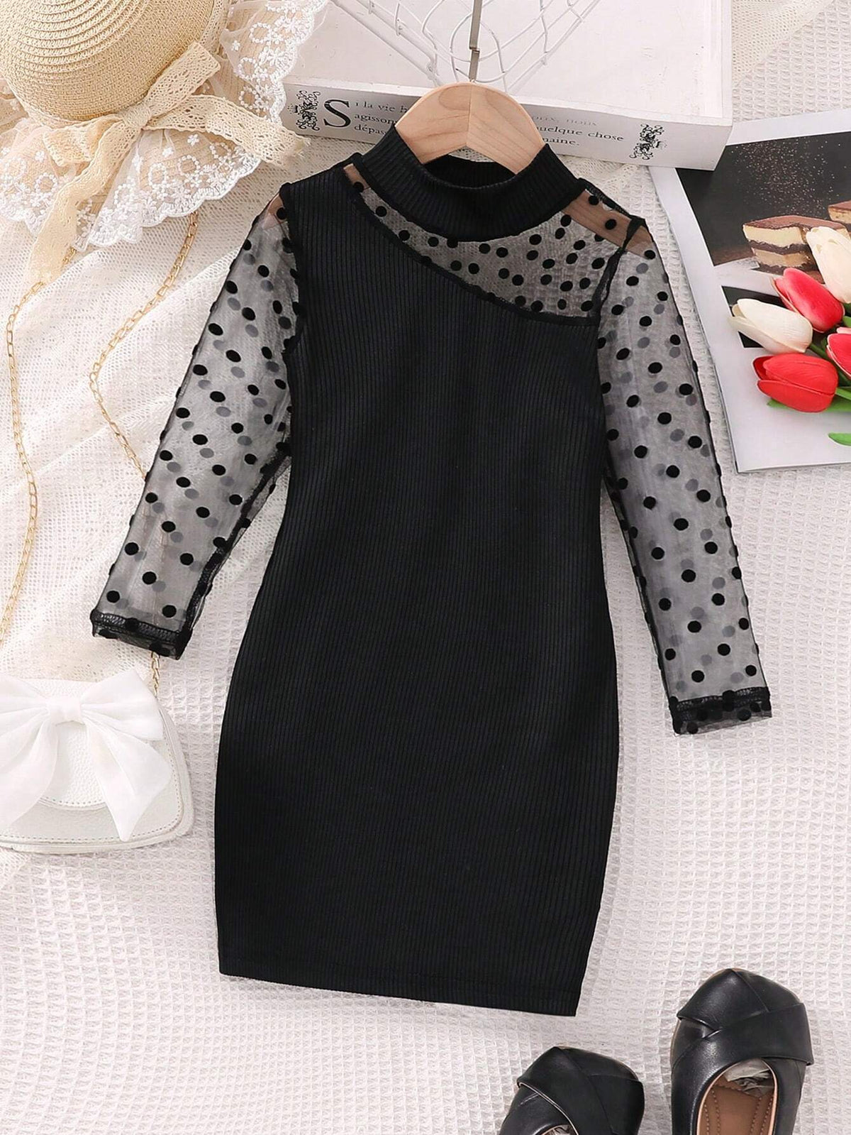 Girls Elegant Turtle Neck Long Sleeve Slim Fit Solid Ribbed Polka Dot Mesh Patchwork Dress