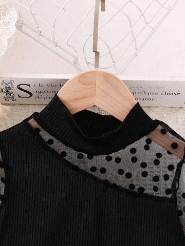 Girls Elegant Turtle Neck Long Sleeve Slim Fit Solid Ribbed Polka Dot Mesh Patchwork Dress