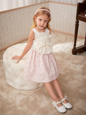 Girls' Elegant White Pleated Dress With Large Bowknot And Printed Skirt, Summer