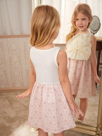 Girls' Elegant White Pleated Dress With Large Bowknot And Printed Skirt, Summer