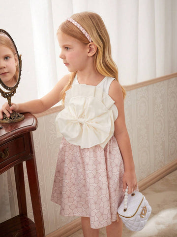 Girls' Elegant White Pleated Dress With Large Bowknot And Printed Skirt, Summer