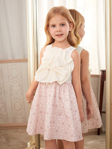 Girls' Elegant White Pleated Dress With Large Bowknot And Printed Skirt, Summer
