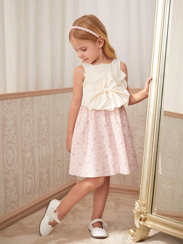 Girls' Elegant White Pleated Dress With Large Bowknot And Printed Skirt, Summer