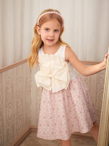 Girls' Elegant White Pleated Dress With Large Bowknot And Printed Skirt, Summer