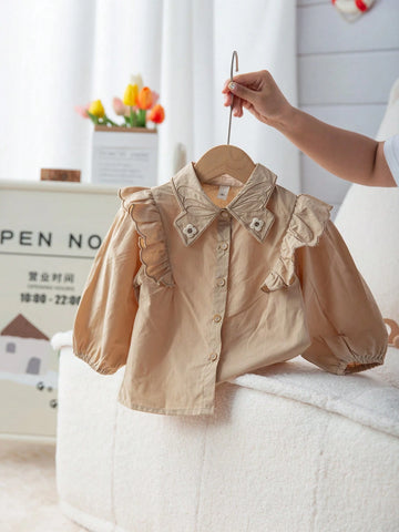 Girls Embroidered Cotton Blouse, Casual Butterfly Collar Cap Sleeve Shirt For Back To School