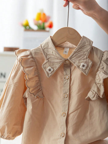 Girls Embroidered Cotton Blouse, Casual Butterfly Collar Cap Sleeve Shirt For Back To School