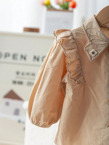 Girls Embroidered Cotton Blouse, Casual Butterfly Collar Cap Sleeve Shirt For Back To School