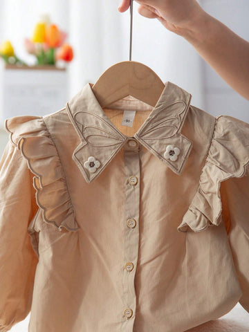 Girls Embroidered Cotton Blouse, Casual Butterfly Collar Cap Sleeve Shirt For Back To School